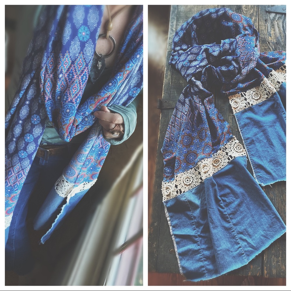 OOAK Artisan Denim Flair Raw Hem Wrap - 134” Long Aztec Medallion Scarf - Picture 6 of 16